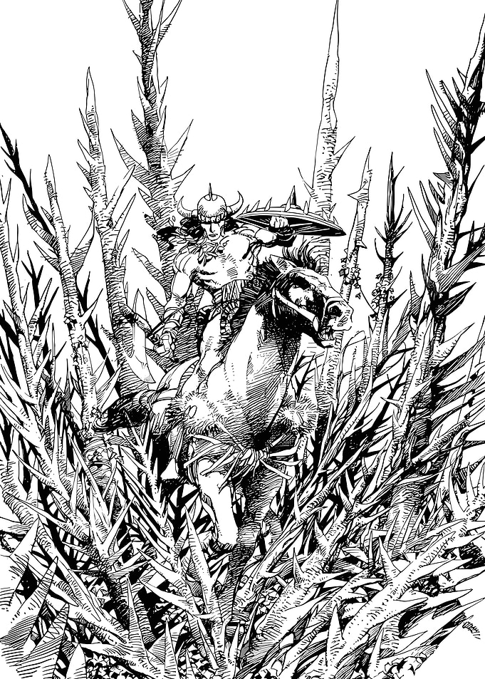 Barbarian Warrior on Horseback in Thorny Thicket