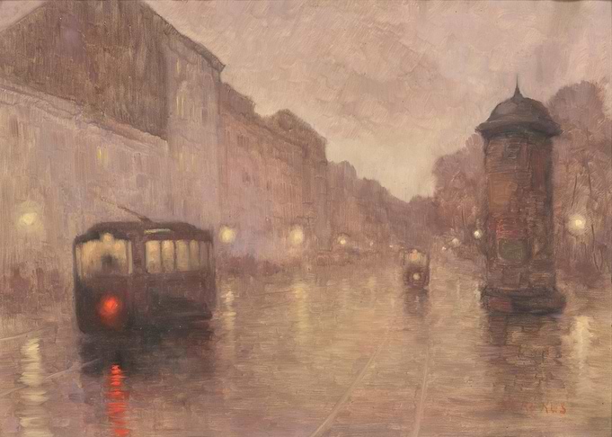 Trams on a Rainy City Street at Dusk