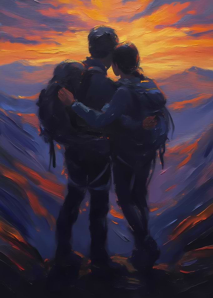 Couple embracing at sunset in mountains