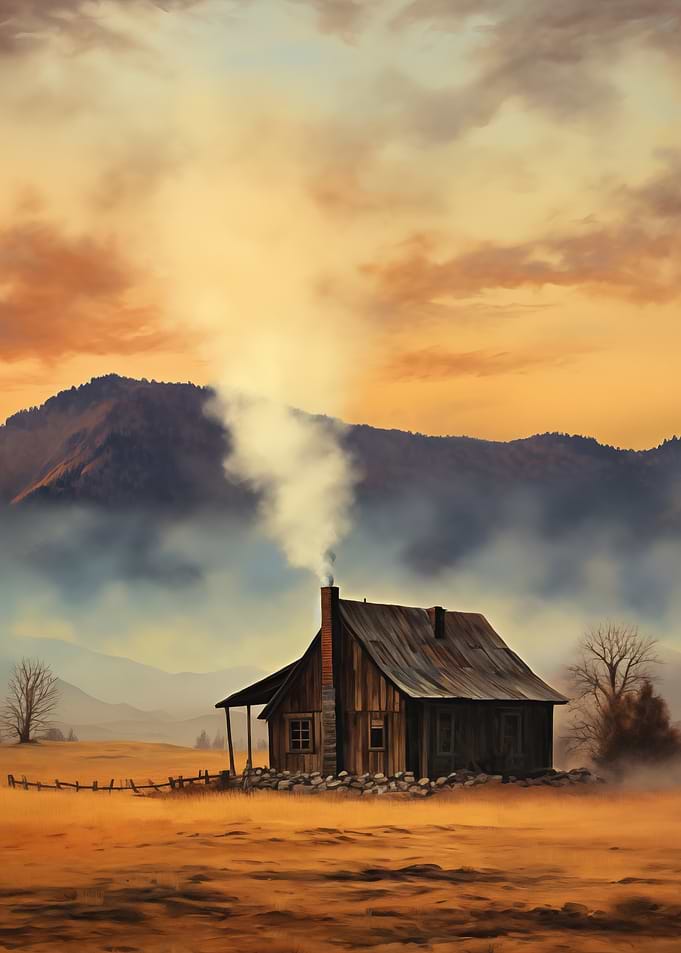 Cabin in a misty landscape