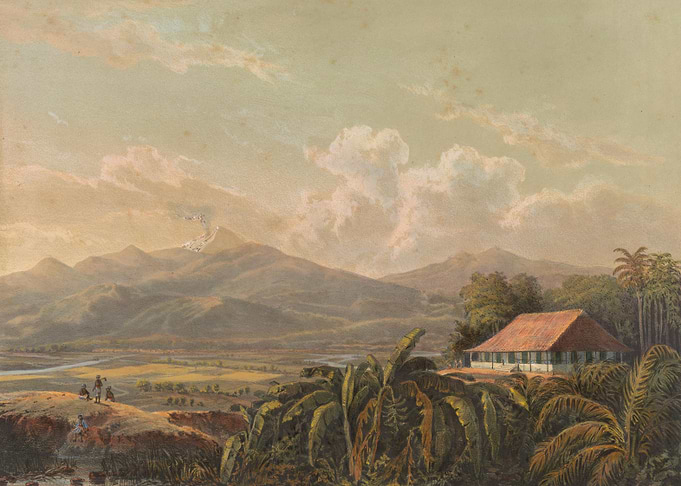 Tropical Landscape with Volcano and House
