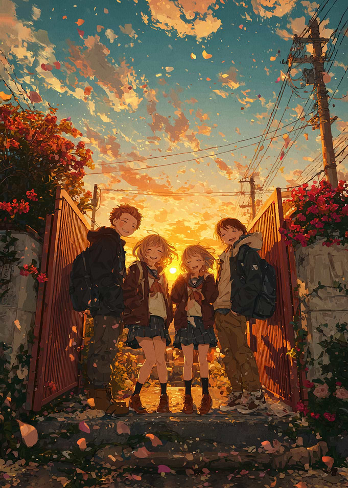 Four friends at sunset