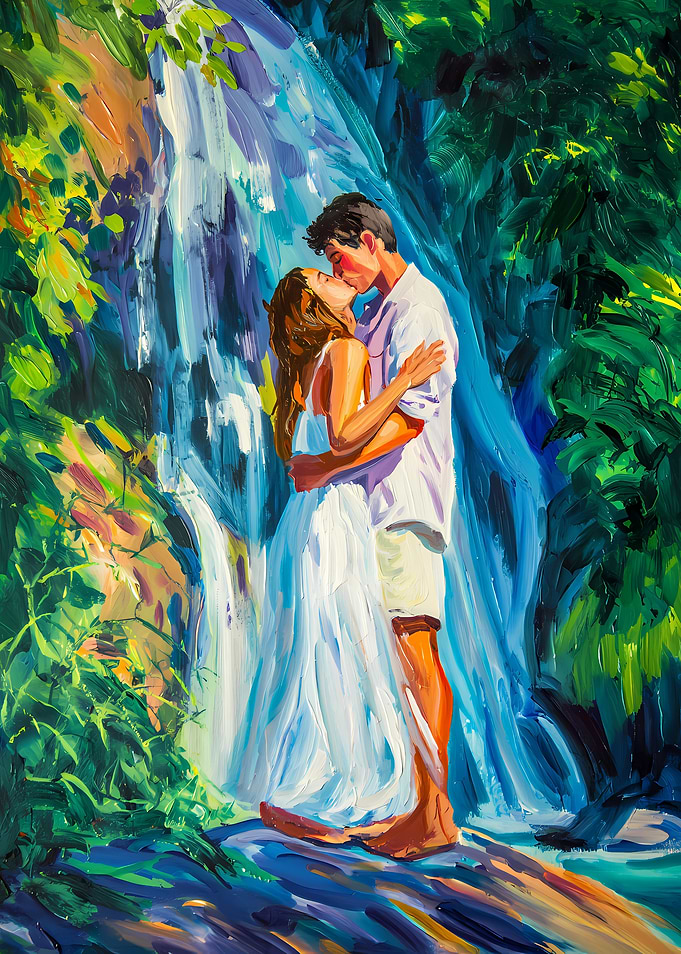 Couple kissing by a waterfall