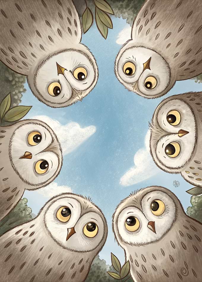 Cute Owls Looking Down from Trees