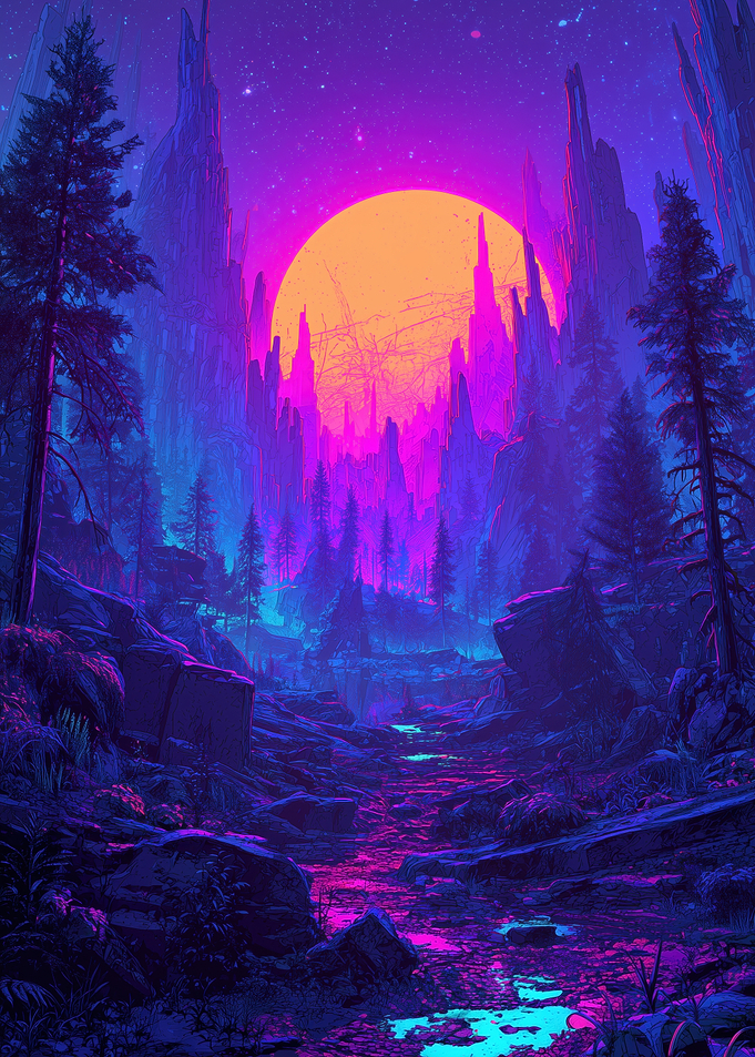 Neon Forest Landscape with Large Sun