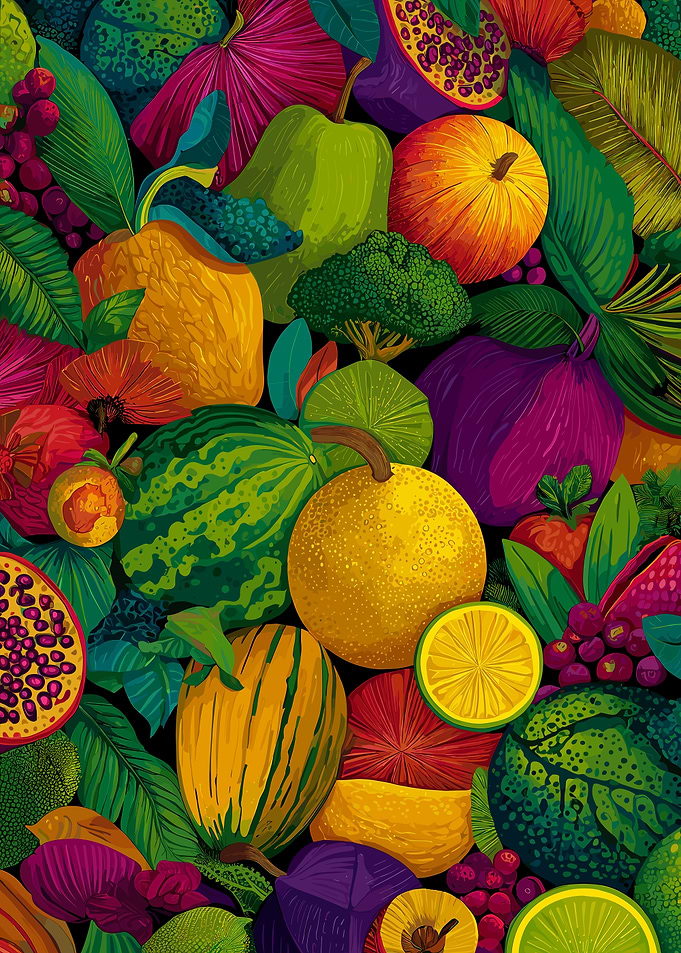 Vibrant Tropical Fruit and Vegetable Pattern