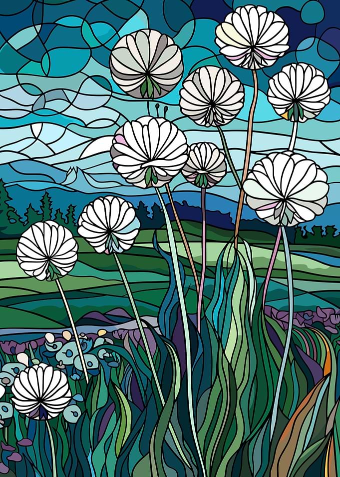 Stained Glass Dandelions in a Field