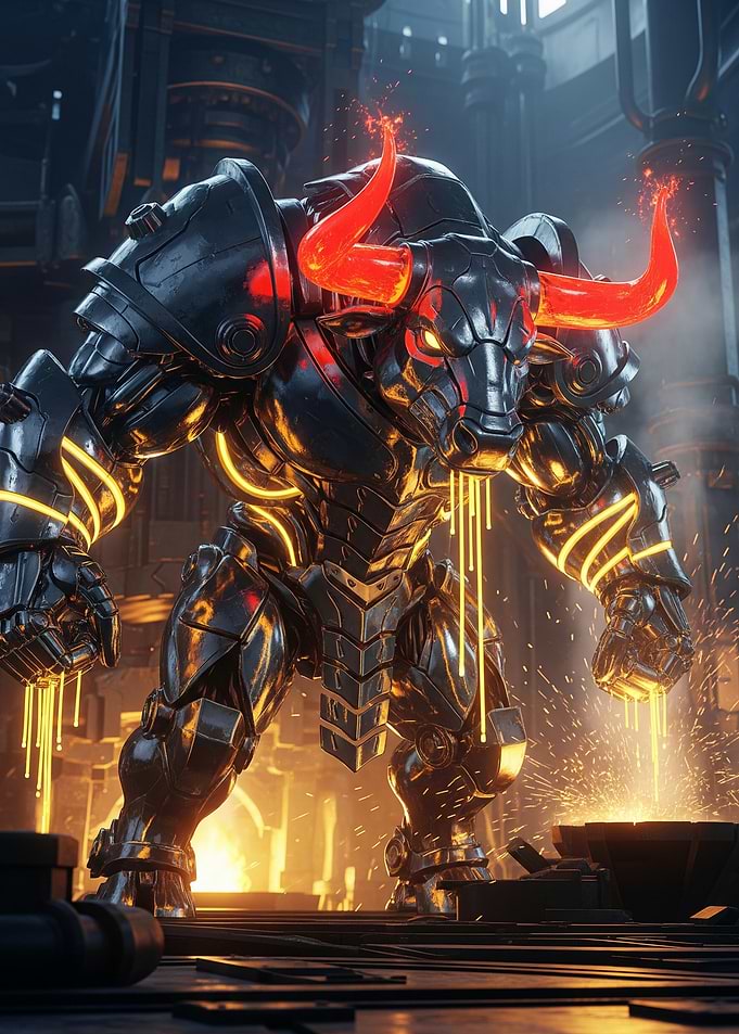 Mechanical Minotaur with Fiery Horns