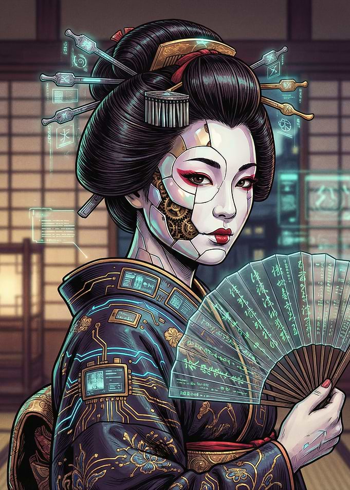 Cyberpunk Geisha with Futuristic Fan