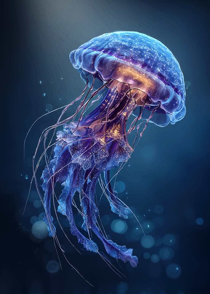 Bioluminescent Jellyfish in Deep Blue Sea