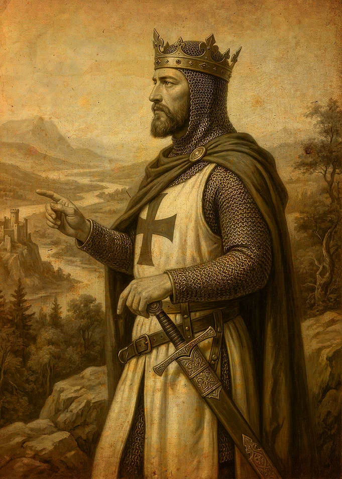 Knight Templar pointing to a castle