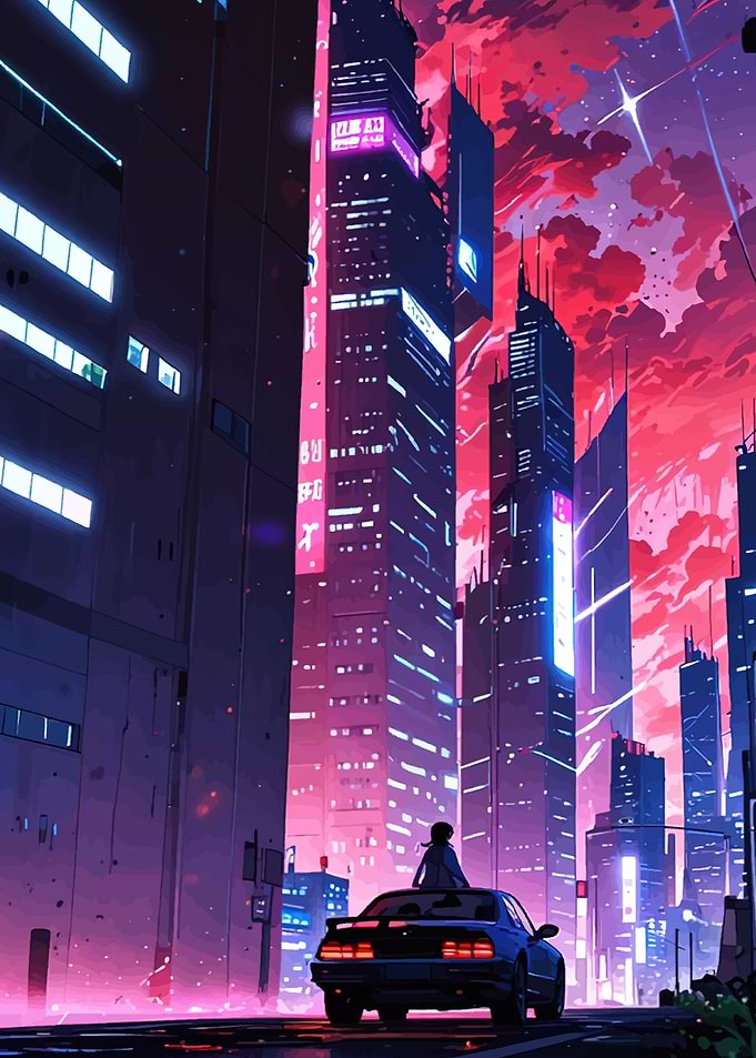 Cyberpunk Cityscape with Car and Figure