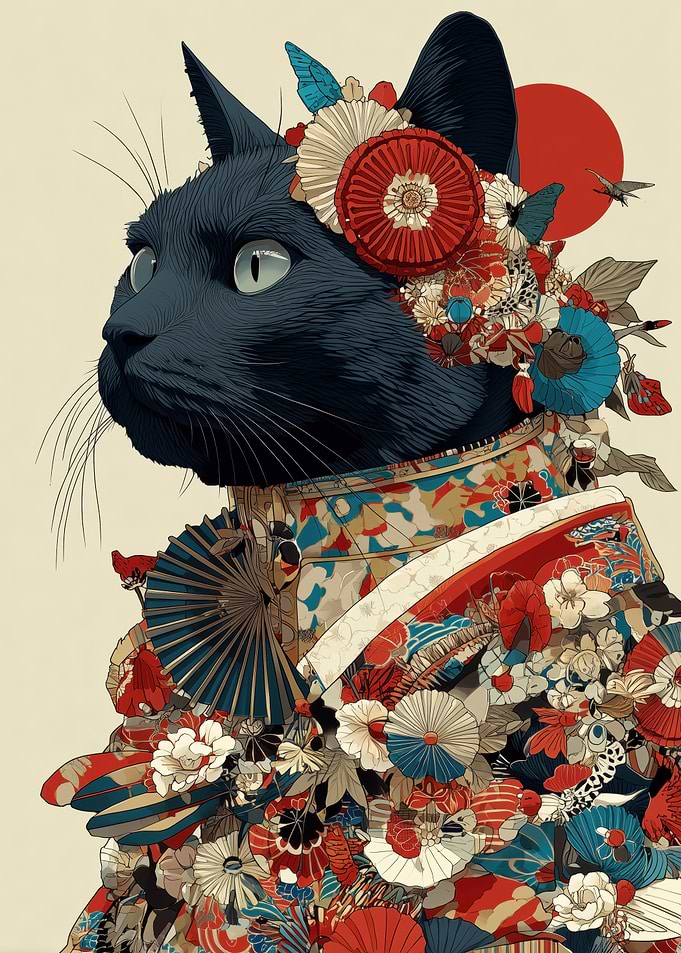 Black Cat in Japanese Kimono