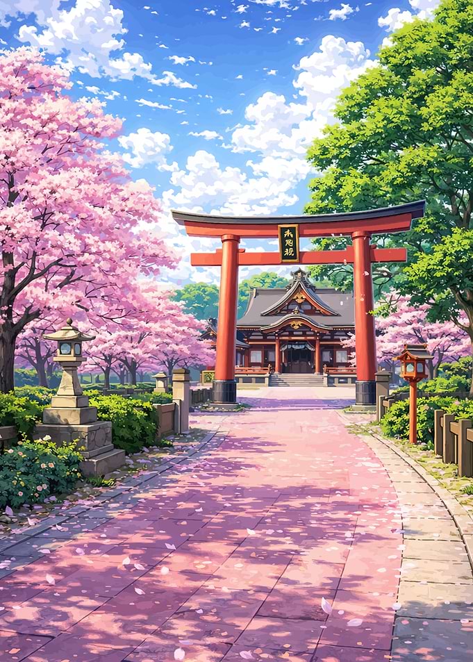 Japanese Shrine with Cherry Blossoms