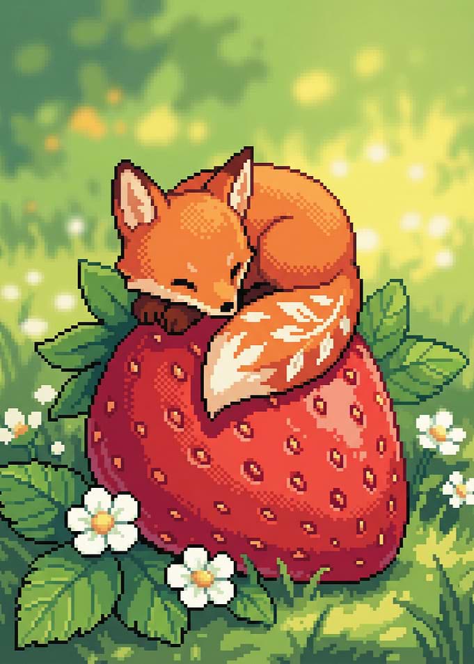 Pixel Art Fox Sleeping on Strawberry