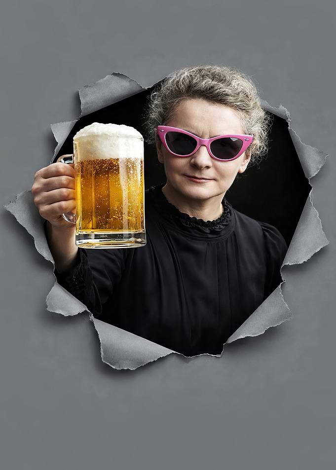 Marie Curie Holding Beer