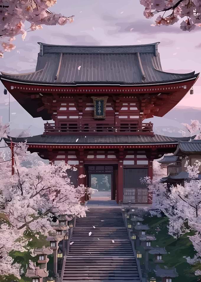 Japanese Temple Gate with Cherry Blossoms