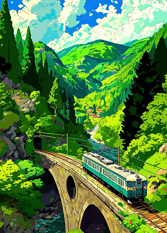 Train crossing a bridge in a lush valley