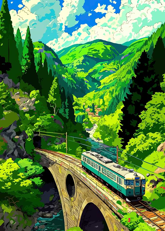 Train crossing a bridge in a lush valley
