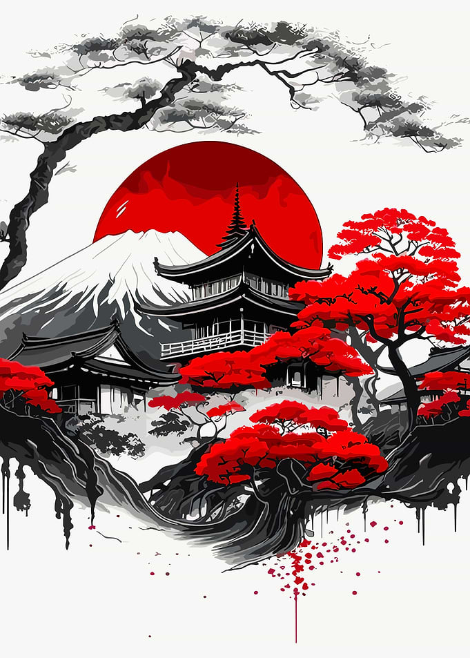 Japanese Pagoda with Mount Fuji and Red Trees