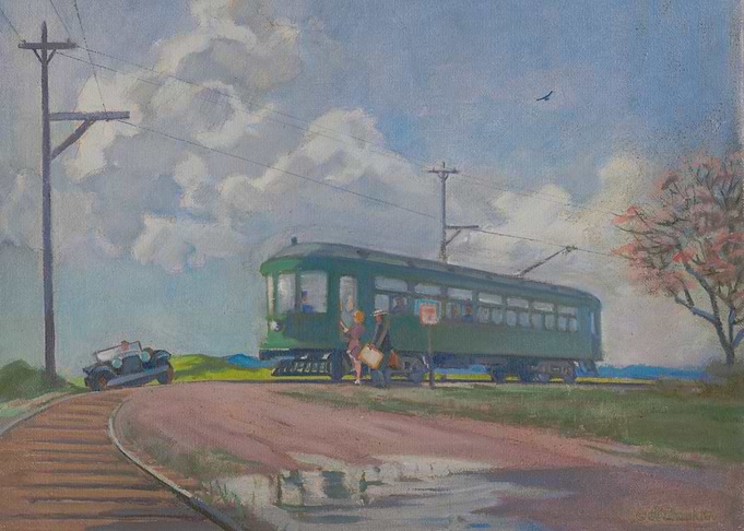 Vintage Trolley and Car at a Crossing