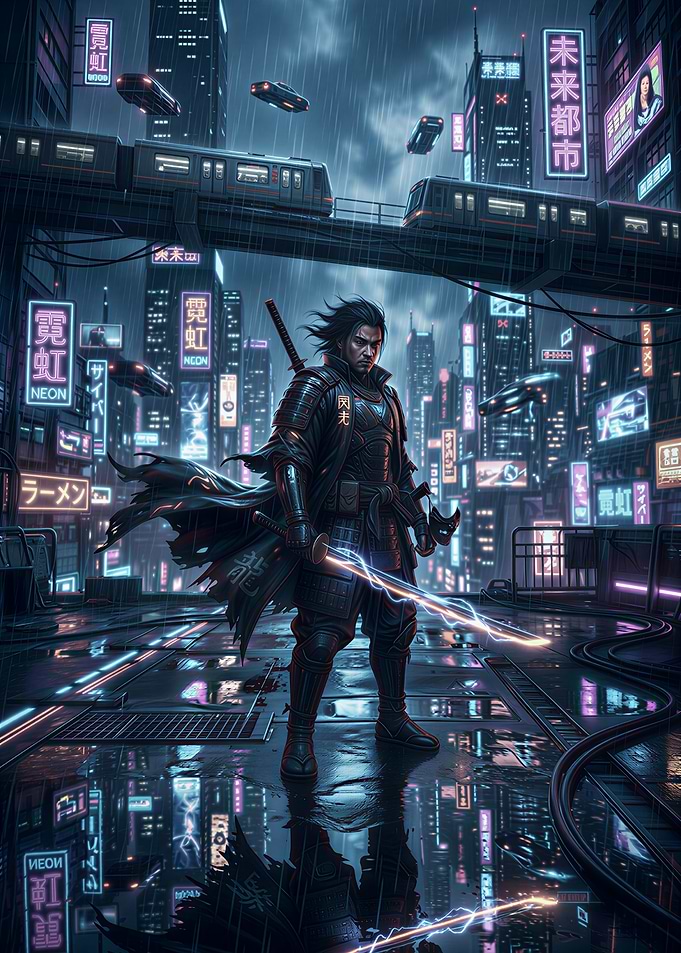 Cyberpunk Samurai in Neon City