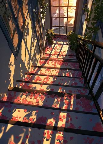 Staircase with Rose Petals and Sunlight