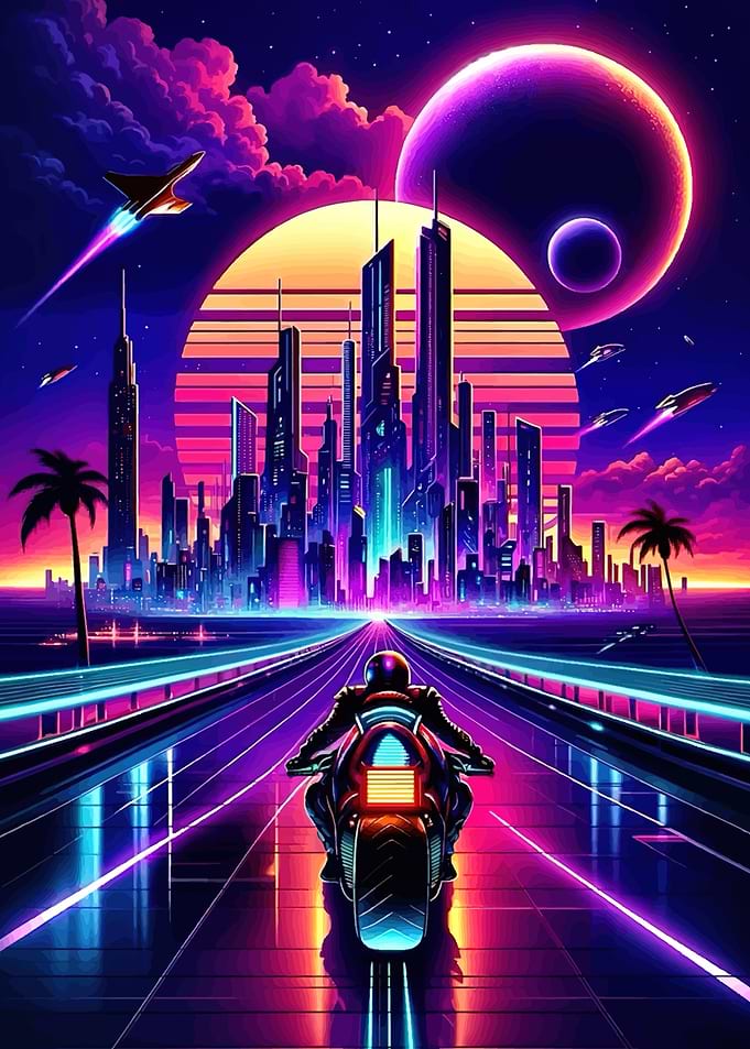 Retro-futuristic Motorcycle Cityscape