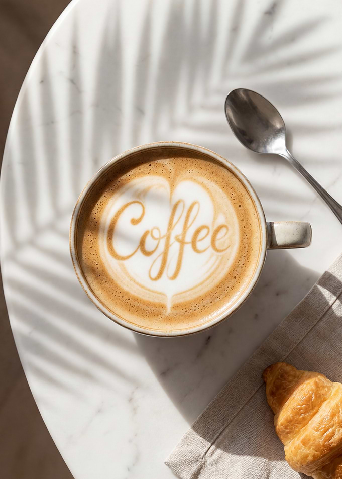 Coffee latte art with croissant