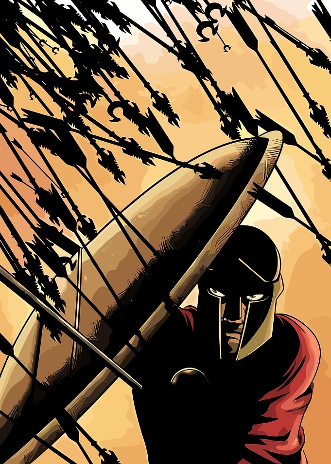 Spartan Warrior Shielding Against Arrows
