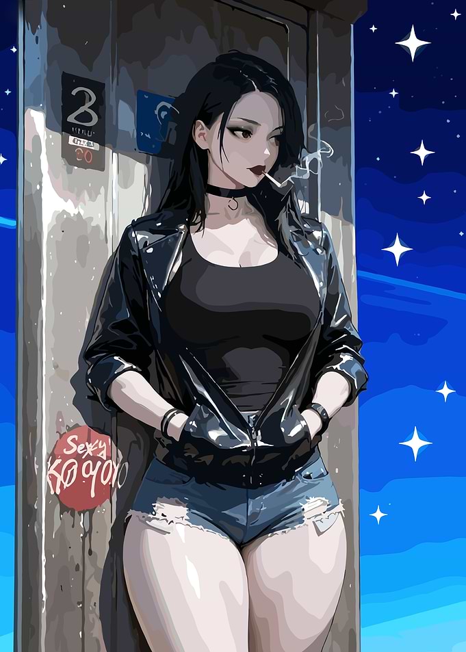 Anime Girl in Leather Jacket Smoking