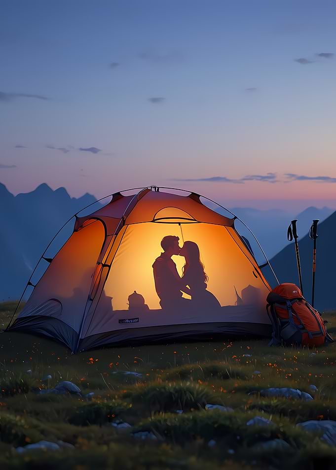 Couple kissing in a tent at sunset