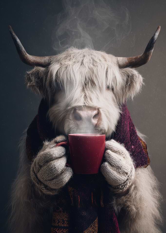 Highland Cow with Hot Drink