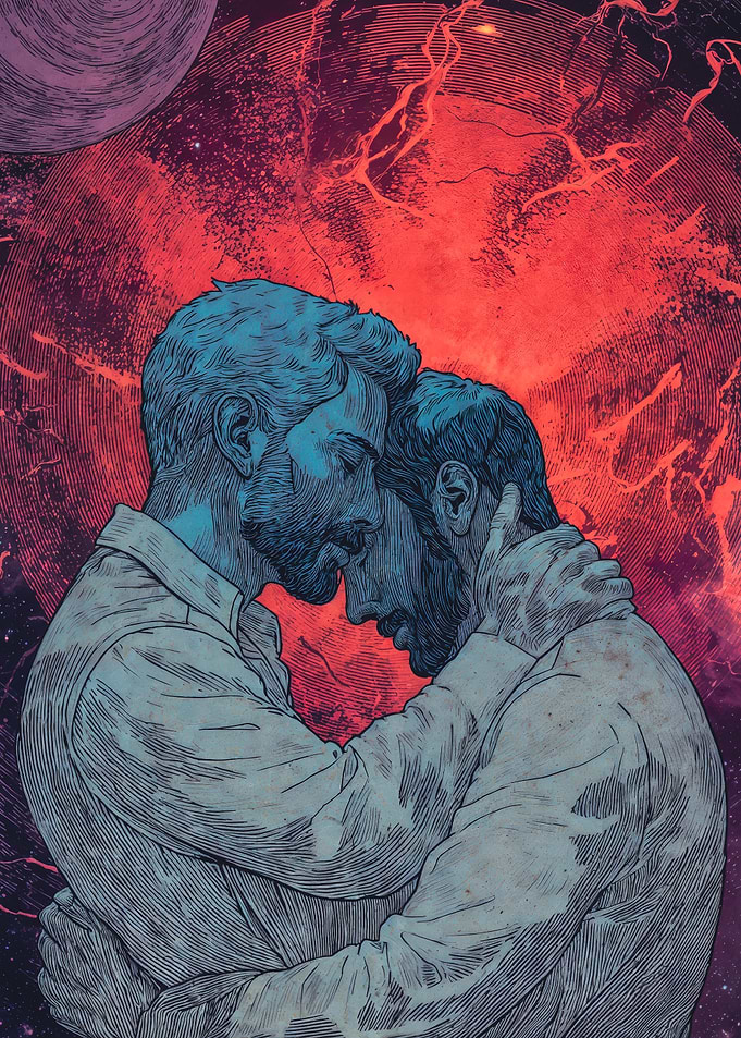 Two men embracing in space