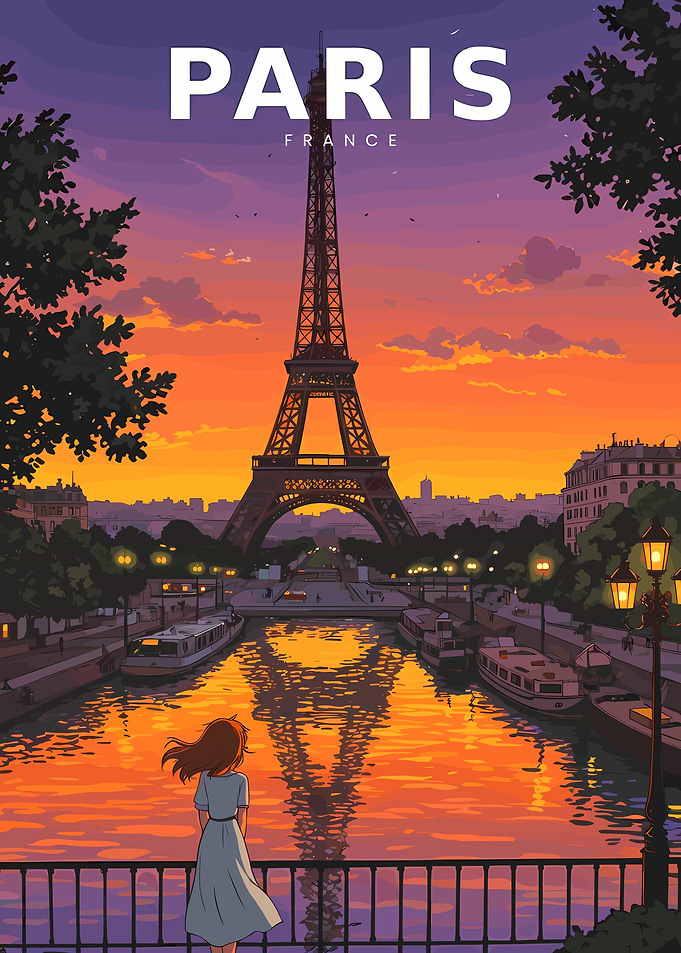 Paris Eiffel Tower Sunset Anime Poster
