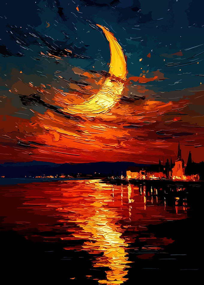 Crescent Moon Over Cityscape Reflection