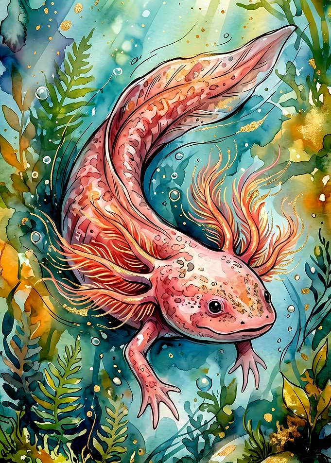 Watercolor Axolotl in Aquatic Plants