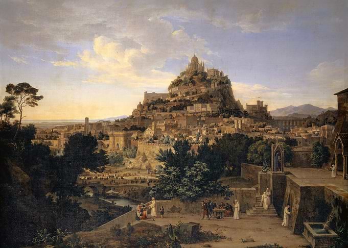 Panoramic view of a historic hilltop city