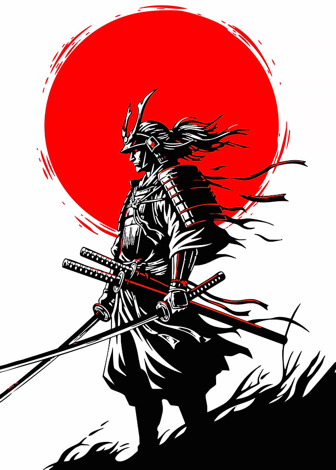 Samurai Warrior with Swords and Red Sun