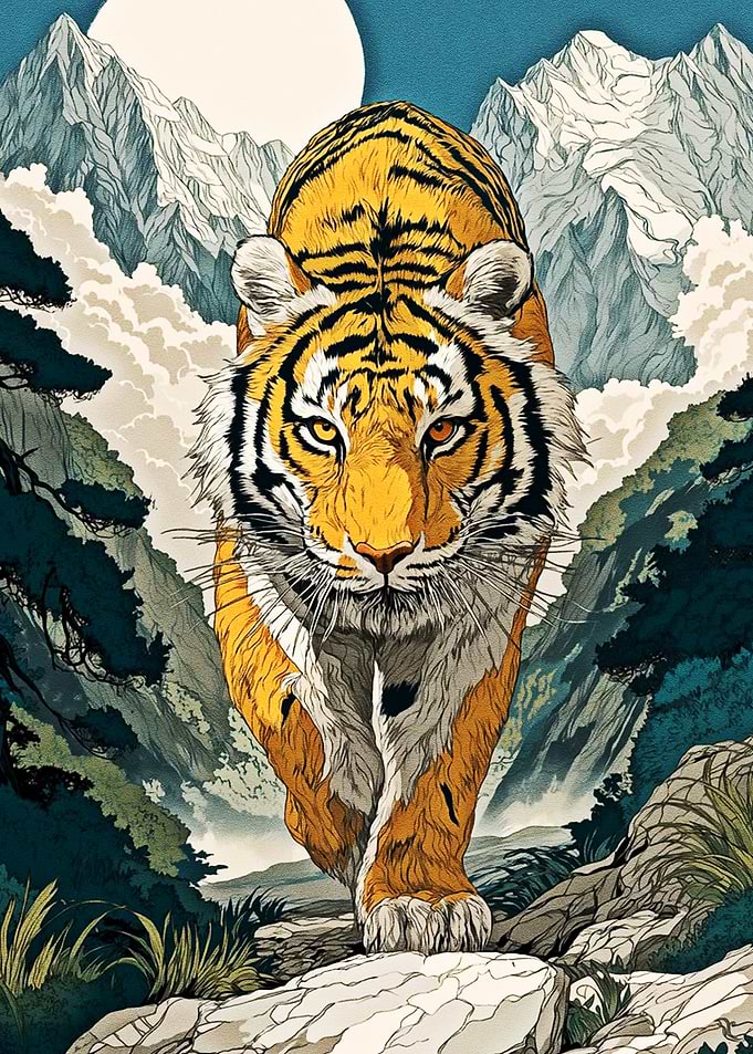 Tiger Walking Through Mountains