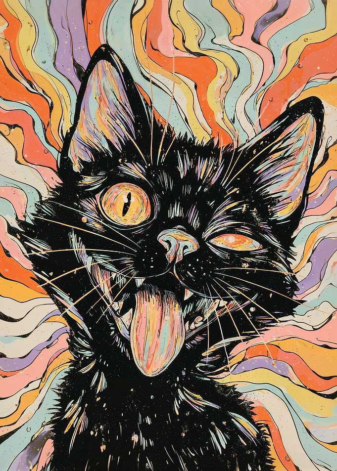 Funny Psychedelic Black Cat Portrait