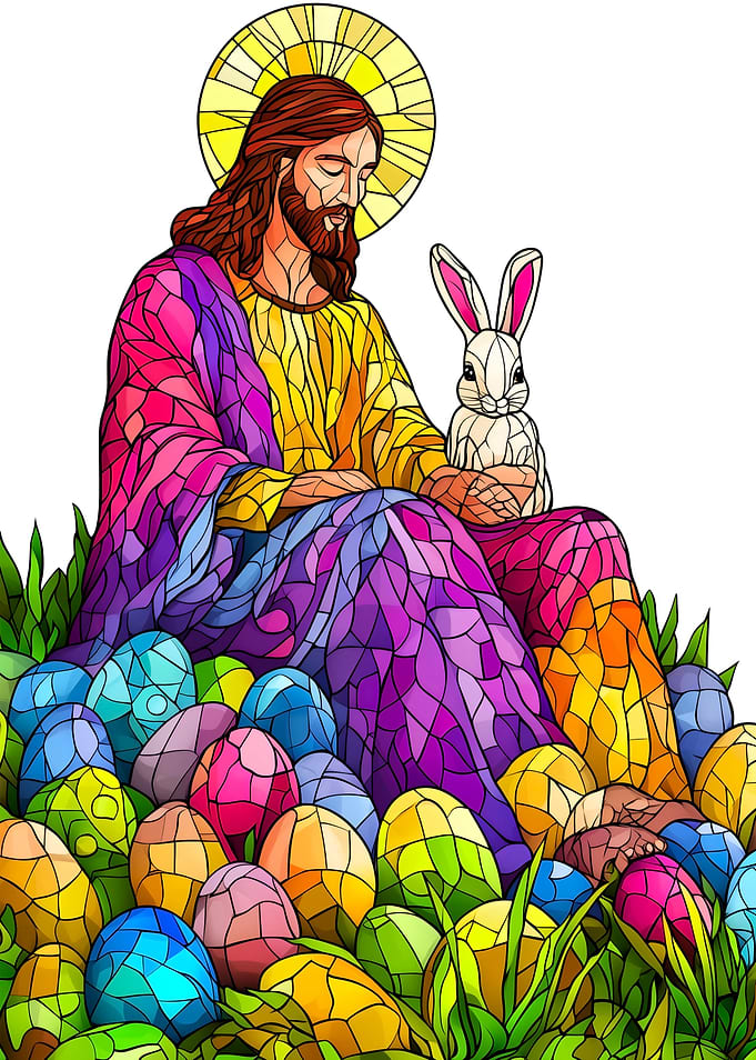 Jesus with Easter Bunny and Eggs