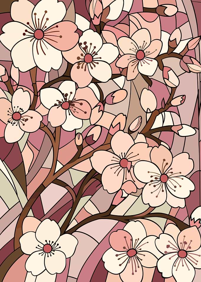 Cherry Blossoms in Stained Glass Style