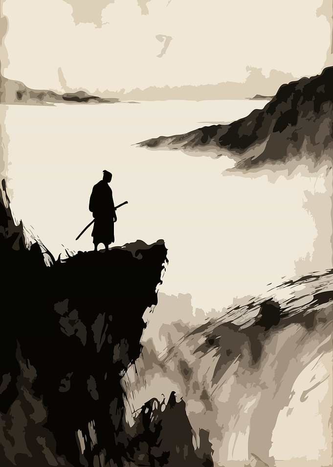 Samurai overlooking a misty landscape