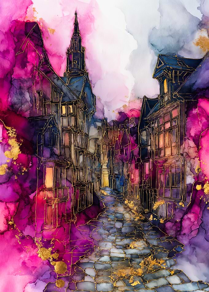 Abstract Watercolor Old Town Street
