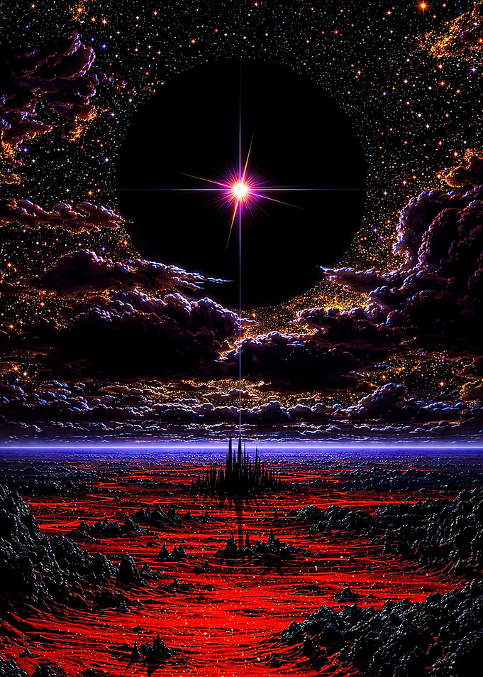 Cosmic Cityscape with Star and Black Hole
