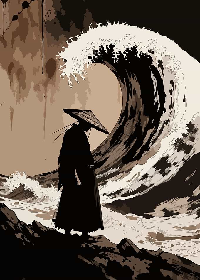 Samurai Facing a Giant Wave Vintage Art