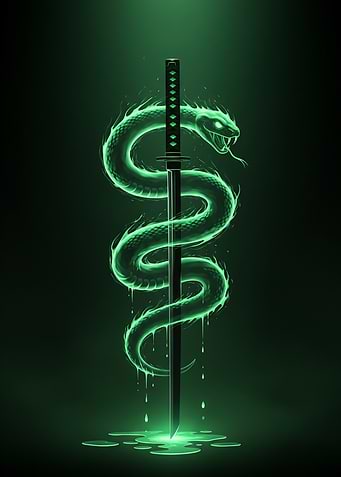 Glowing Green Snake Wrapped Around Katana
