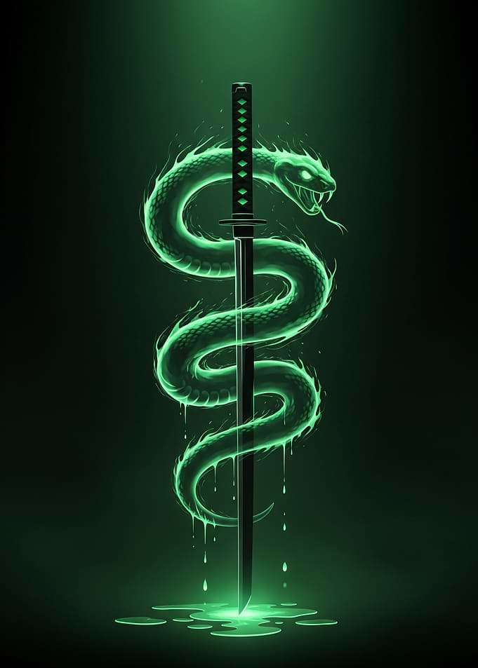 Glowing Green Snake Wrapped Around Katana