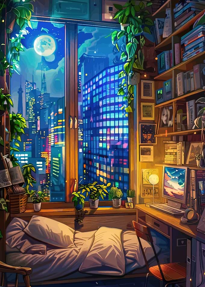 Cozy Anime Room with City View